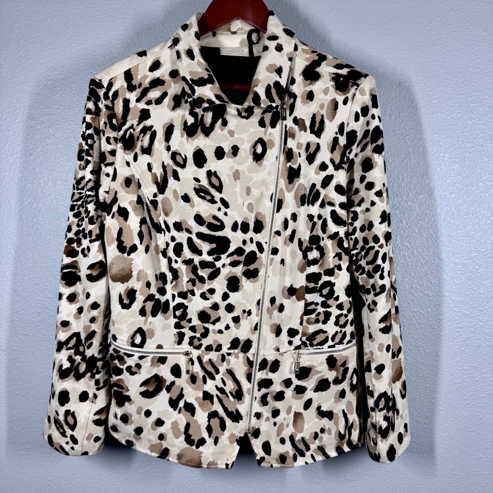 Chicos Leopard Print Moto Jacket Tan Black Asymmetrical Zip Large